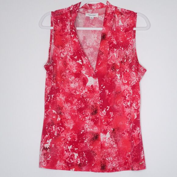 Calvin‎ Klein Womens Blouse Size Large Pink Abstract Sleeveless V-Neck Office - Picture 1 of 7